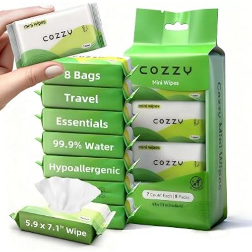 COZZY Ultra-Compact Mini Travel Wipes - Gentle & Skin-Friendly, Unscented, Alcohol-Free, Paraben-Free - Ideal for Adults, Kids & Babies - 8 Packs (56 Total Wipes)