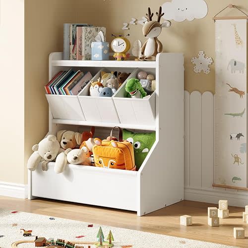 Toy Storage Organizer, 3-Tier Wooden Kids Toy Storage with Bookshelf, Movable Compartments, Safe and Stable Design, for Space Saving, Large Size, Patent Design