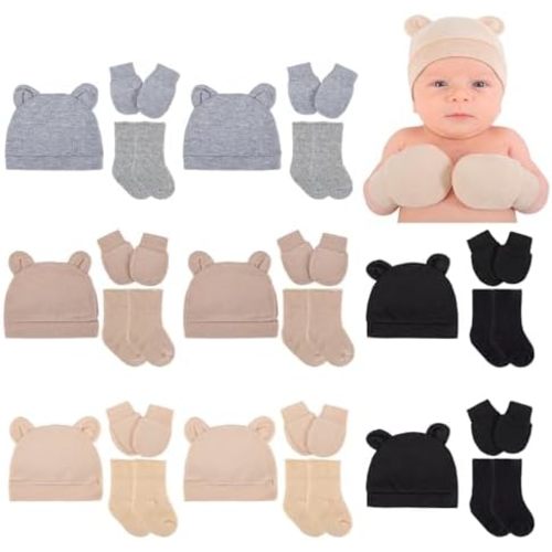 8 Pack Newborn Preemie Mittens Hats Socks Set - Unisex Beanie with Bear Ears,Cotton,NICU Essentials for Baby Girl Boy