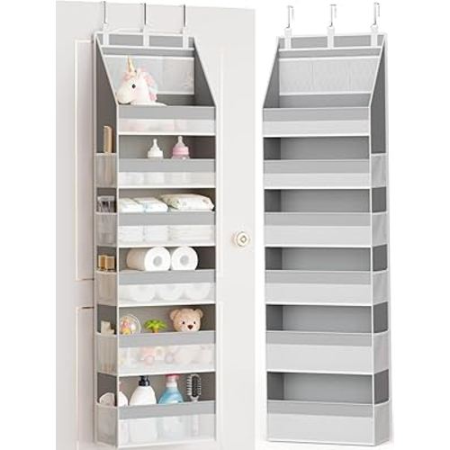 Criusia Over The Door Organizer, Heavy-Duty 6-Shelf Hanging Storage with 13 Mesh Pockets, 55lbs Capacity Behind The Door Storage for Nursery, Bathroom, Bedroom, and Dorm, Grey