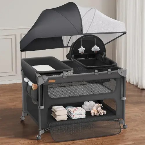 ANGELBLISS Baby Bassinet Bedside Crib, 5-in-1 One-Push Instant Fold Pack and Play with Changing Table, Napper Bassinet, Mattress & Mosquito Net, Portable Playard for Newborns to Toddlers