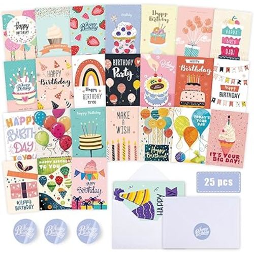 Birthday Cards,25 Pcs Blank Cards with Envelopes & Stickers,25 Design,4x6 Inches Happy Birthday Card,Birthday Card for Kids,Friends,Family and Colleagues