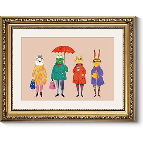 ARPEOTCY Framed Canvas Wall Art, 11x14 Whimsical Animal Family Illustration, Storybook Style Wall Decor for Nursery, Kids Room & Playroom