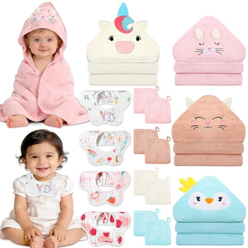 16 Pcs Baby Towels Set, Baby Towels and Washcloths Set,4 Pcs Animal Hooded Baby Towels, 4 Pcs Baby Bibs & 8 Pcs Washcloths Set for Infants, Toddlers and Kids-Unicorns, Rabbits, Kittens & Chicks