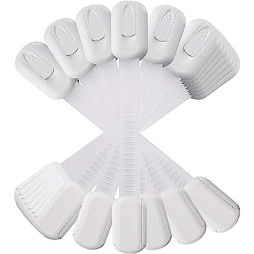 12 Pack Vmaisi Multi-Use Adhesive Straps Locks - Childproofing Baby Proofing Cabinet Latches for Drawers, Fridge, Dishwasher, Toilet Seat, Cupboard, Oven,Trash Can, No Drilling (White) (12)