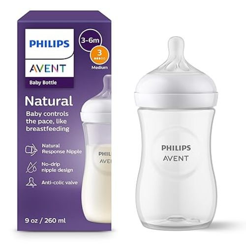 Philips Avent Natural Baby Bottles with Natural Response Nipples (Medium Flow, Flow 3), 9oz, 4-Pack, SCY903/04