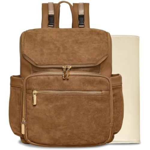 miss fong Diaper Bag Backpack - Large Diaper Bag Backpack Baby Backpack Suede Diaper Backpack with 14 Pockets, Pañaleras Para Bebe with Waterproof Wet Pocket Luggage Sleeve for Mom Dad-Brown