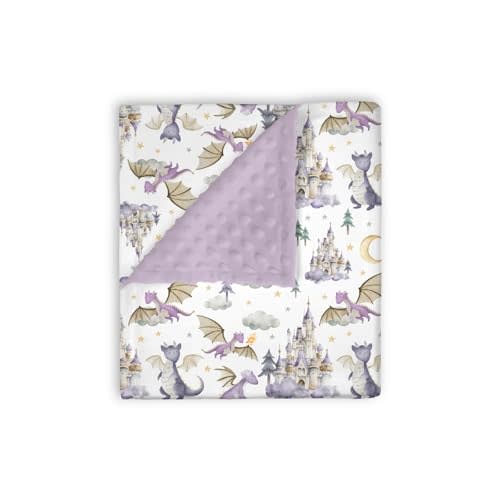 EyMzcod Mink Baby Girls Blankets Cute Purple Dragon Tale, Whimsical Castle Moon Cloud Star Soft Double Layer Dotted Backing Receiving Swaddle, Newborn Infant Toddler Nursery Crib Bedding 30 x 40