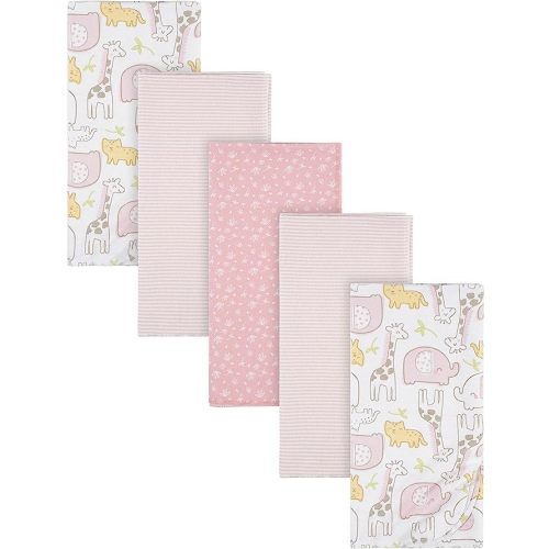Gerber Girls Newborn Infant Baby Toddler Nursery 100% Cotton Flannel Receiving Swaddle Blanket, Pink Safari, Pack of 5