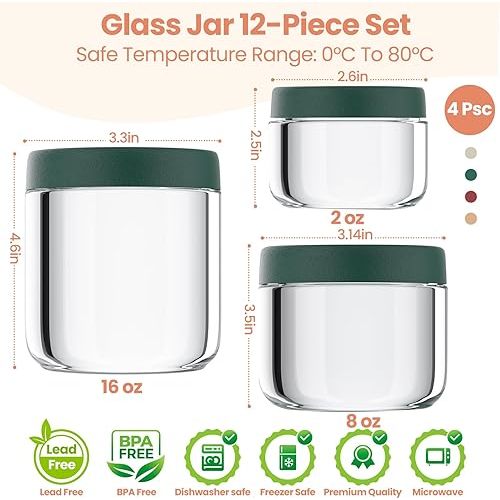 12Pack Containers with Lids, 16oz, 8oz & 4oz Glass Jars with Airtight Lids, Wide mouth Mason Salad jars, Glass Food Storage Containers for Yogurt Chia Pudding Snacks Cereal & Spices