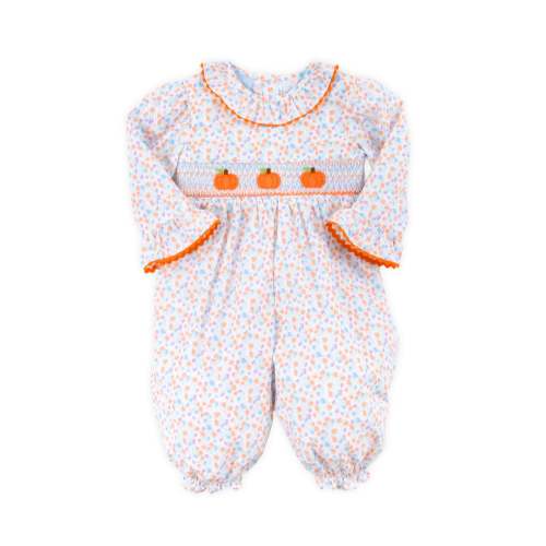 Pumpkin Smocked Blue Floral Long Sleeve Bishop Long Bubble