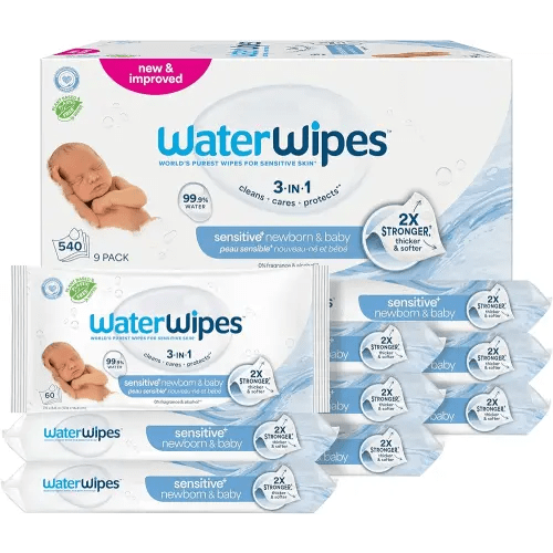 WaterWipes Sensitive+ Newborn & Baby Wipes, 3-In-1 Cleans, Cares, Protects, 99.9% Water, Unscented & Hypoallergenic, 540 Count (9 Packs)