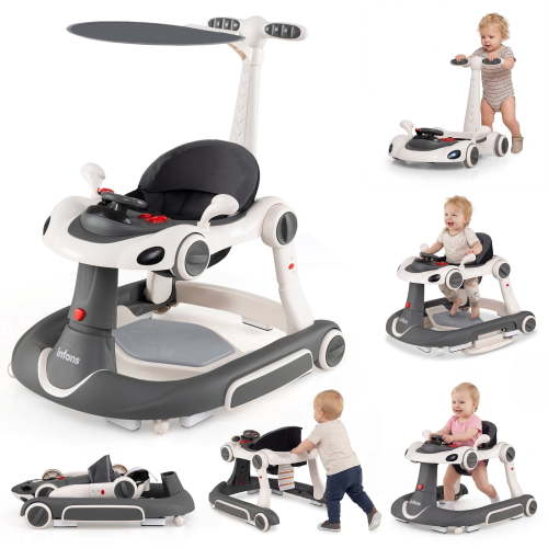 INFANS 6-in-1 Baby Walker, Converts Push Car to Bouncer, Rocker with Music, Lights, Adjustable Height & Speed, Activity Center, Canopy for 7-18 Months