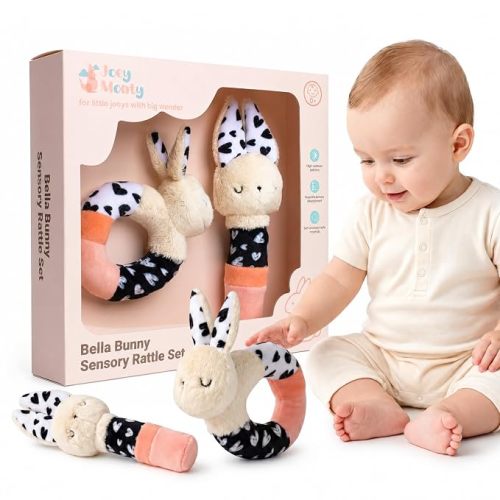 Bella Bunny Soft Baby Rattle Toys for Babies 0-6 Months (2 Pack), High Contrast Baby Toys for Newborn, Plush Baby Rattles & Rings, Baby Girl Gift