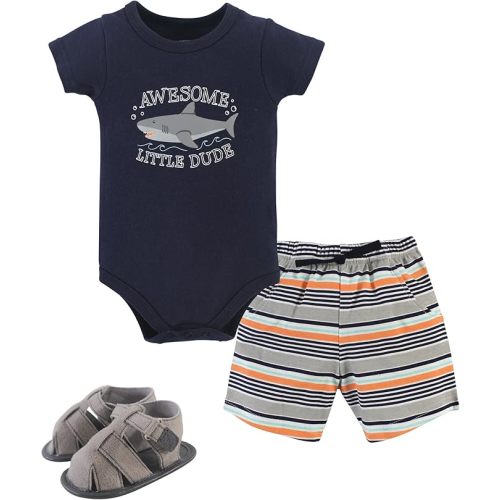 Hudson Baby Unisex Baby Cotton Bodysuit, Shorts and Shoe Set