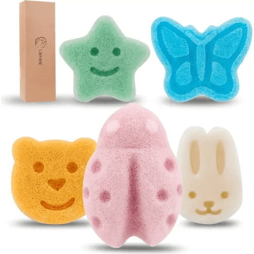 Konjac Baby Sponge Set for Bathing - Natural Soft Bath Sponges for Infants Newborns Toddlers with Cute Cartoon Shapes Safe Organic Kids Baby Bath Loofahs Ideal for Toddler Bath Time (5pcs)