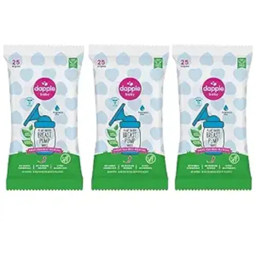 Breast Pump Wipes by Dapple Baby, 25 Count (Pack of 3), Fragrance Free, Plant Based & Hypoallergenic Breast Pump Wipes - Removes Milk Residue, Leaves No Taste - Convenient Wipes Pouch