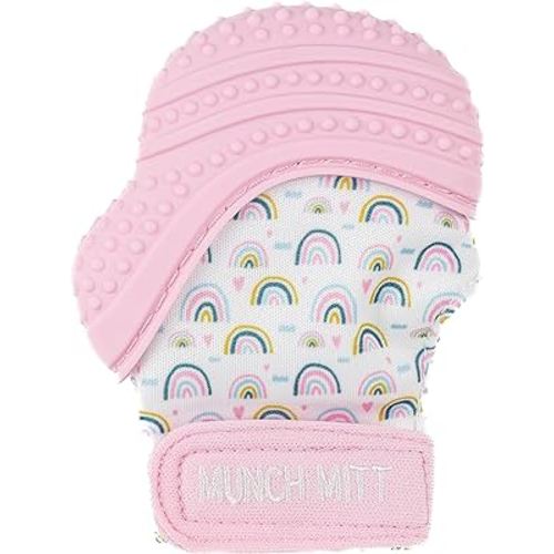 Malarkey Kids Patented Munch Mitt Baby Teething Mitten – Protects Hands from Chewing & Drool, Soothes Sore Gums, Sensory Toy, BPA-Free Teether for Babies Up to 1-Year-Old - Pink Rainbow