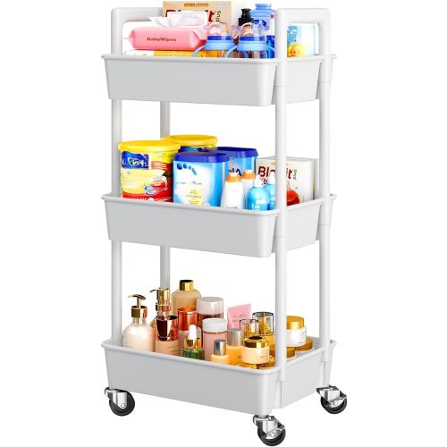Pipishell 3 Tier Rolling Cart Organizer, Plastic Rolling Cart with Lockable Wheels & Reinforced Handle, Lightweight Utility Cart Storage Cart for Nursery, Kitchen, Bathroom, Craft Room, White, PIUC14W