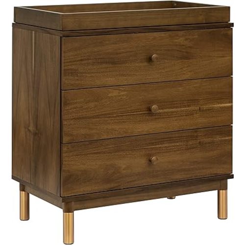 Babyletto Gelato 3-Drawer Changer Dresser with Over 10-Inch Drawer Depth and a Removable Changing Tray in Natural Walnut and Brushed Gold Feet, Greenguard Gold Certified