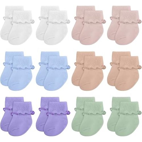 Toulite 12 Pairs Preemie Socks Baby Girls Boys Cotton Premature Ruffle Turn Cuff Sock for Hospital NICU Newborn