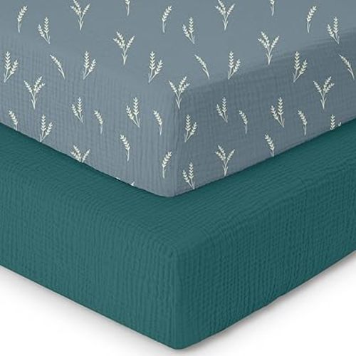 Muslin Crib Sheets–100% Organic Cotton Baby Sheets for Boys & Girls,2 Pack Muslin Mini Crib Sheets for Toddler Mattress,Breathable Crib Mattress Sheets 28''x52''(Grass)