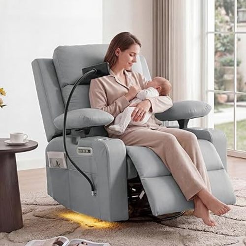Power Rocking Chair Nursery with Adjustable Armrests and Headrest, Swivel Rocker Recliner with Electric Lumbar Support, Glider Recliners for Breastfeeding, Nursing Chair with USB, Cup Holder, Gray