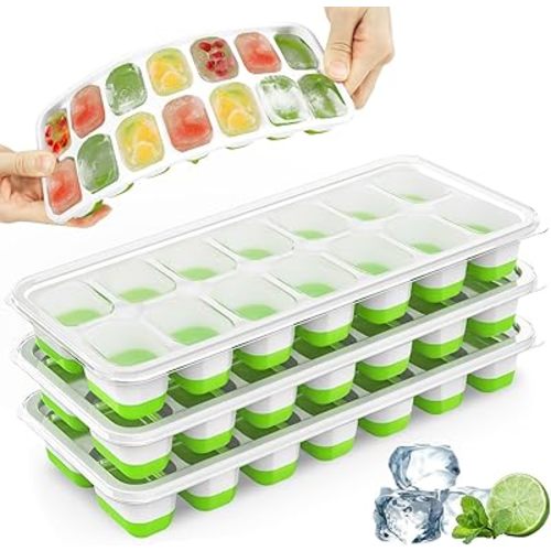 Ice Cube Trays, 4 Pack Durable Stackable Ice Trays for Freezer with Spill-Resistant & Removable Lids, LFGB Certified and BPA Free, Easy-Release 56 pcs Silicone Ice Maker for Cocktail, Coffee, Beer
