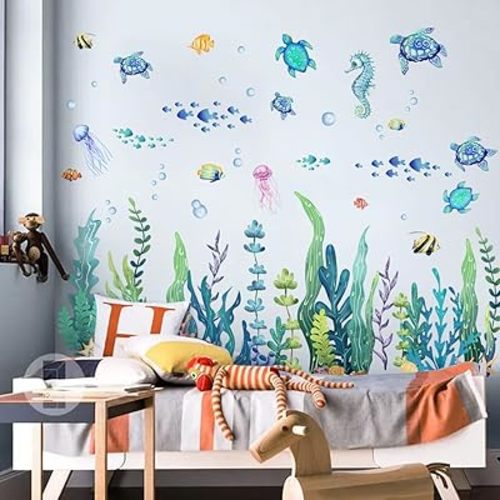 Generic Under The Sea Seaweed Wall Decals Turtle Ocean Grass Fish Wall Stickers Peel and Stick Bedroom Bathroom Wall Art Decor, Colour