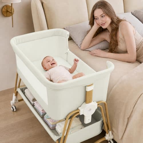 4-in-1 Baby Bassinet, Portable Bassinet Bedside Sleeper with Mosquito Net | Bassinet with Wheels and Storage Basket, 7 Height Adjustable, Rocking Bassinet for Newborn-Cream White