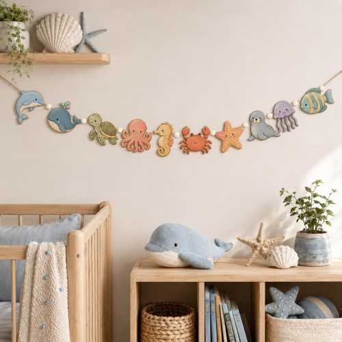 Wooden Ocean Animal Garland: Pastel Nursery Wall Decor with Beaded Twine