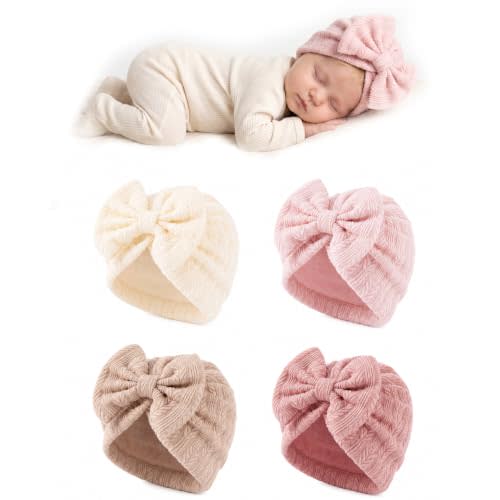4 Pack Newborn Baby Girl Bow Hats 0-3 Months Preemie Nursery Caps | Pure cotton ribbed turban beanies.Soft stretchy wraps protect sensitive infant skin,hospital bag essentials for shower gifts