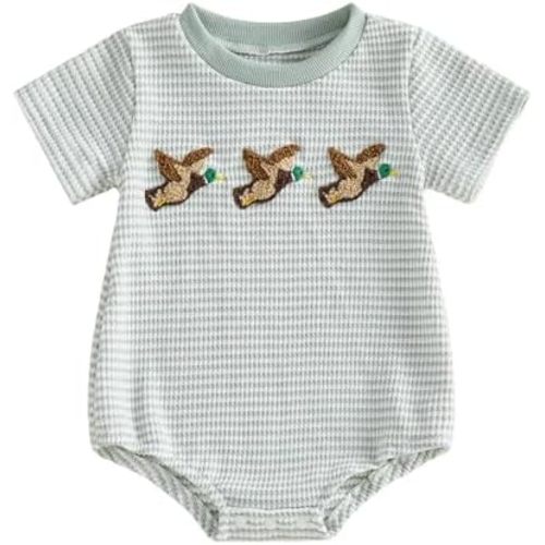VISGOGO Unisex Baby Boy Girl Striped Romper Waffle Short Sleeve Bubble Oversized Romper Bodysuit Summer Clothes