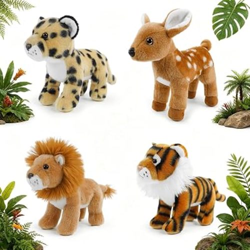 4 Pack 8" Plush Safari Stuffed Animals Set – Lion, Leopard, Tiger and Deer, Ultra Soft Washable Jungle Toys for Kids, Adorable Nursery Decor for Toddlers