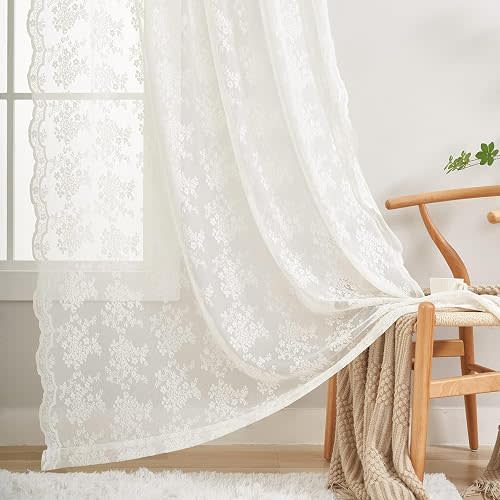 Vintage Lace Curtains 90 Inches Long for Dining Room Pair French Country Floral Sheer Curtains for Bedroom Playroom Ivory Cream Colored Boho Farmhouse Decoration 52 x 90 Off White