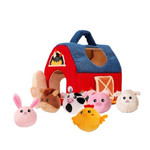 Ackssi hahaland Baby Toys 6-13 Months - Surprise Barn with Stuffed Farm Animals, Rattle, Crinkle Paper, Mirror - Montessori Toys for Babies, Soft and Safe Gift for Birthdays(Red-B)