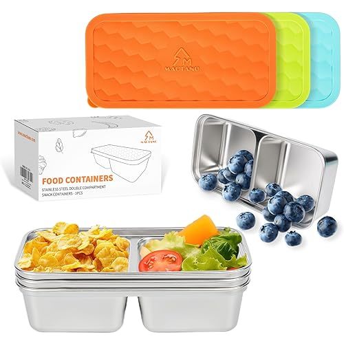 MACTANO 3 Pack Stainless Steel Snack Containers, 15 OZ Double Compartment Reusable Snackle Box with Lids for Camping