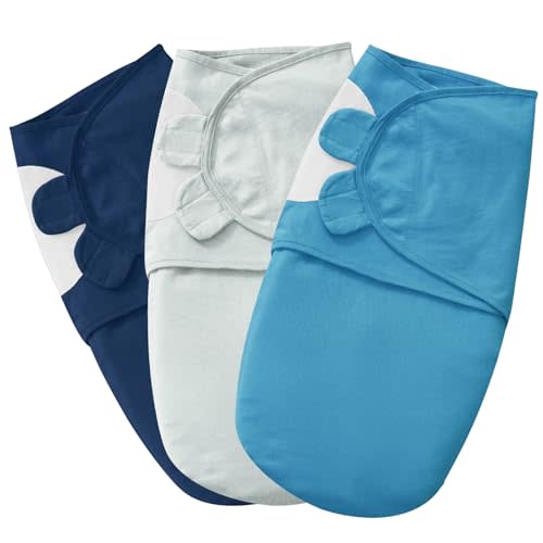 PHF Cotton Swaddle Sleep Sacks for Newborns, 3 Pack 0-3 Months for Boys, Easy Adjustable Blanket Wrap, Baby Essentials (Blue, Green, Indigo)