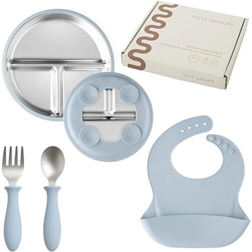 Stainless Steel Toddler Feeding Set 4 Pieces – Suction Plate, Silicone Bib, Spoon & Fork – Divided Plates for Baby Led Weaning, BPA-Free, Removable Shell (Baby Blue)