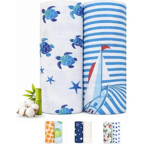 Bamboo Cotton Muslin Swaddle Blanket for Newborn Baby, Soft Breathable Lightweight Receiving Blanket, Extra Large Baby Swaddle Wrap for Boys & Girls – Ocean Calm Collection Turtle+Ship