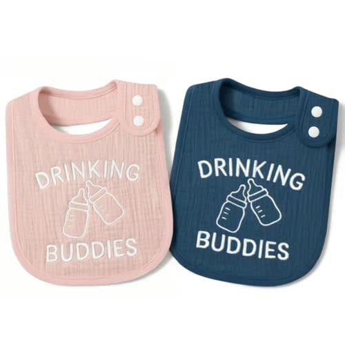 Twin Bibs – Ultra-Soft Cotton Yarn Twin Baby Bibs - 'Drinking Buddies' Design, High Absorbency, Perfect Infant Gift