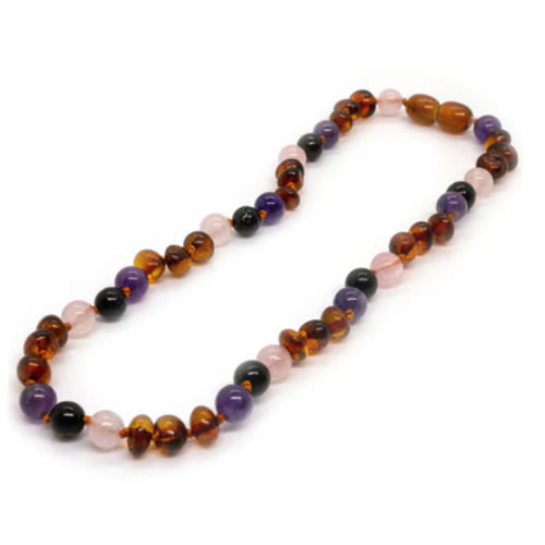 Baltic Amber Necklace Dark Amber Pink Rose Quartz Amethyst Shungite