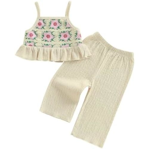 Baby Girl Outfits Crocheted Ruffled Camisole And Elastic Pants Set 6 12 18 24 Months 2 3 4 T