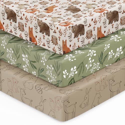 Unnivoll Baby Crib Sheets for Boys Girls, 28x52x8in Fitted Crib Sheet Neutral 3 Pack for Standard Crib and Toddler Mattress, Breathable Soft Microfiber Baby Sheet Green & Brown Fox