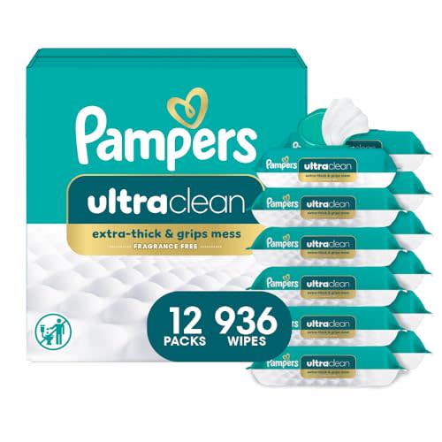Pampers Ultraclean Baby Wipes, Unscented, Fragrance Free, Water Based, Hypoallergenic, Extra Thick & Grips Mess, 100% Plant Based, 936 Wipes Total (12X Flip-Top Packs)