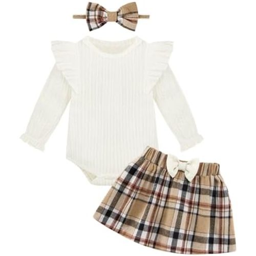 Weixinbuy Baby Girls Fall Outfits 3-Piece Set Long Sleeve Romper & Plaid Skirt Headband Soft Snap Closure 0-18M