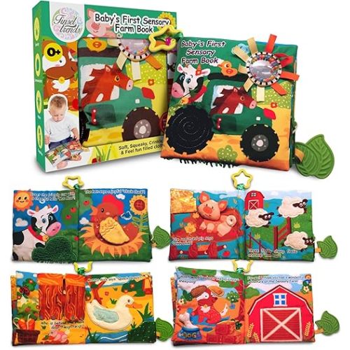 Baby books Farm Animal Soft Cloth Busy Book Early Learning Education See Touch Feel Crinkle Baby Shower Christmas Stocking Stuffer gift for Boy Girl 0-6 6-12 12-18 months 1 Year old Toddler grandkids