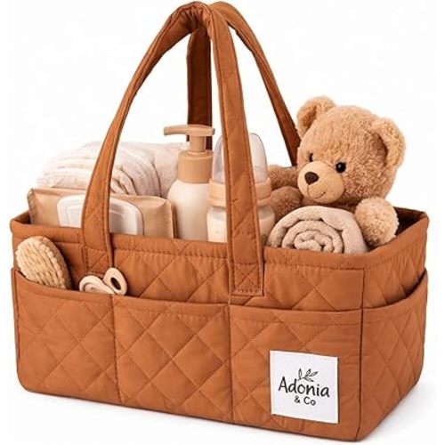 Adonia & Co Diaper Caddy Organizer – Baby Essentials Organizer, Large Nursery Storage Basket with Removable Divider, 8 Exterior Pockets, Portable, Machine Washable, Structured Design, Brown