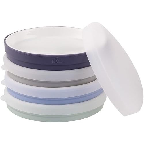 Elk and Friends Kids 7.8” Porcelain White Plates with Silicone Sleeves + Lids | Suitable for Babies/Toddlers | Microwave & Dishwasher Safe | Non Slip Dinnerware | Snack Dishes | 4 Pack