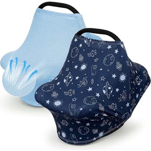 2 Pack Baby Car Seat Cover Full Breathable Mesh Stretchy Infant Carseat Canopy for Boys and Girls Multi-Use Nursing Cover for Breastfeeding Privacy Sunshade Shield Baby Essentials